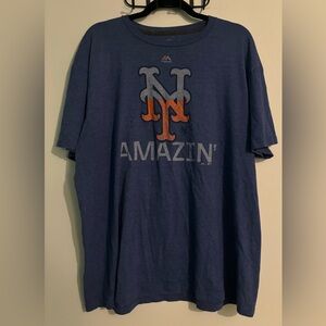 NY Mets Amazing Logo Mens XL Heathered Blue Orange Majestic Triple Peak Soft Tee